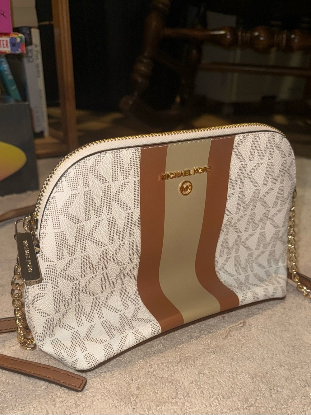 Michael Kors White Crossbody with Brown and Cream Center Stripes